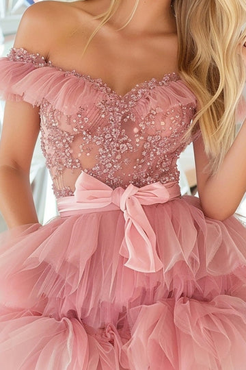 Blush Off The Shoulder Ruffled Homecoming Dress with Appliques